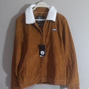 Volcom Men's Corduroy Bomber Jacket with White Sherpa Collar